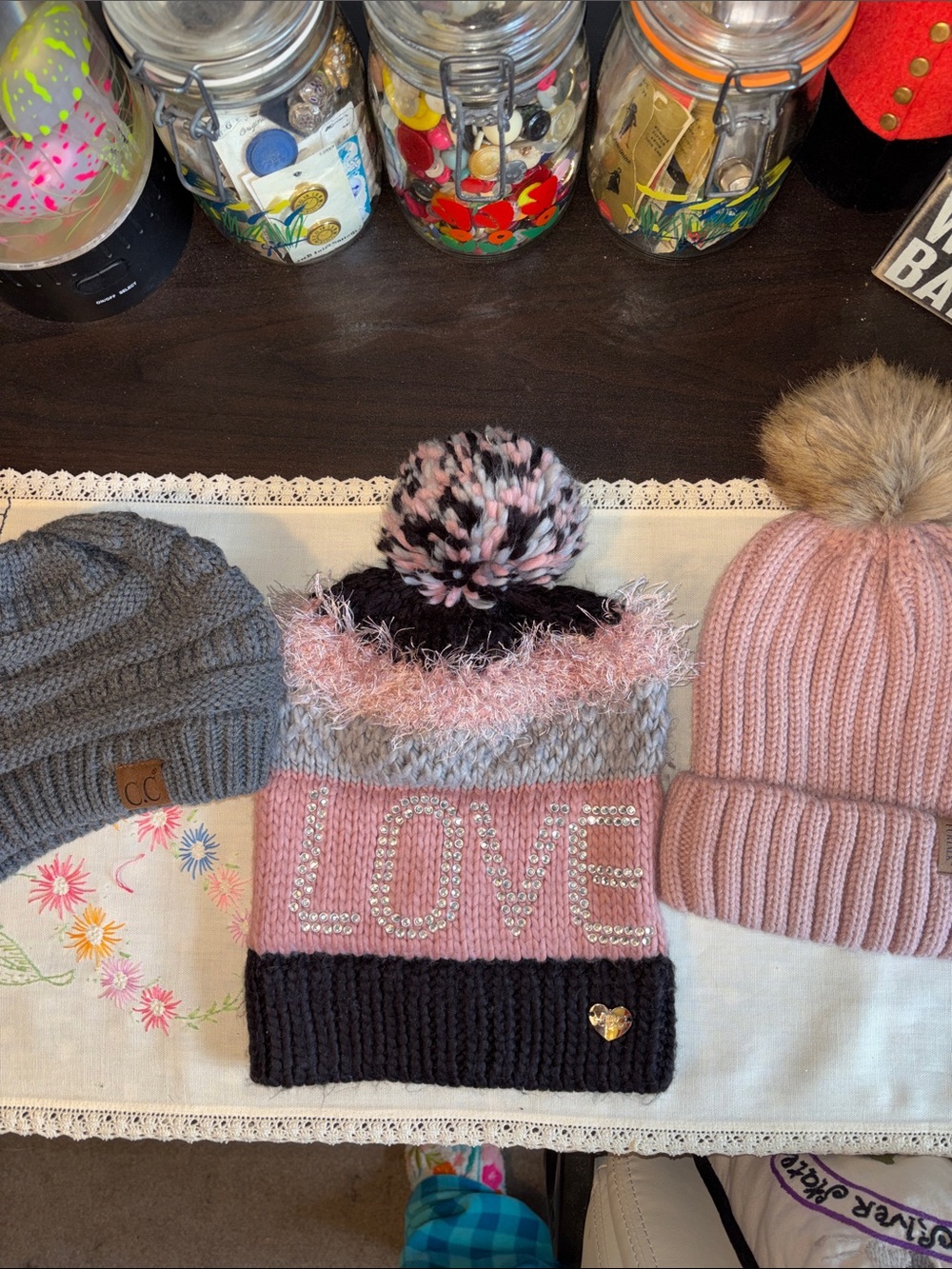 NWOT and EUC set of 3 Beanies. Betsey Johnson knit beanie featuring rhinestone "
